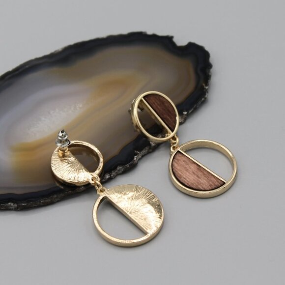 Jewelry earrings gold tone drop dangle elegant wooden modern fashion new - Picture 4 of 8